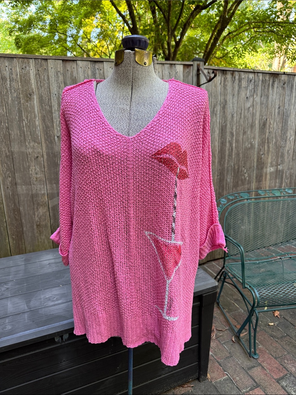 She + Sky Pink V-Neck Knit Swim Cover-Up with Cocktail Motif
